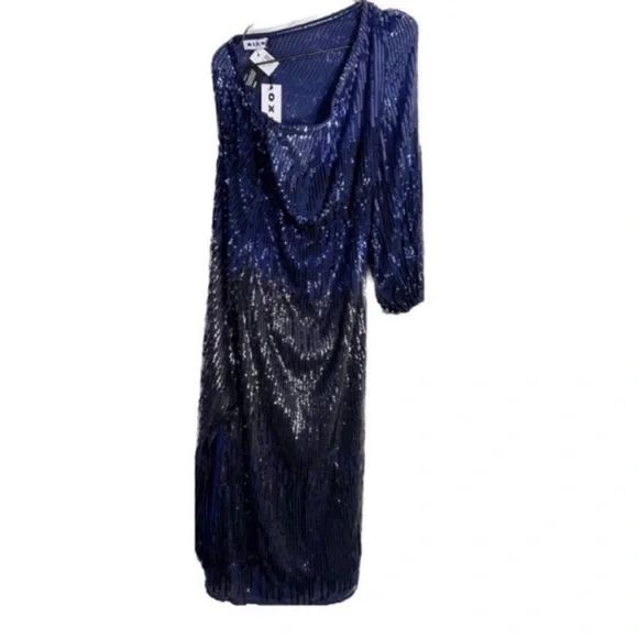 RIXO London Bradshaw Sequin beaded Dress One Sleeve Ombre Blue Metallic 8 NWT - Picture 7 of 11